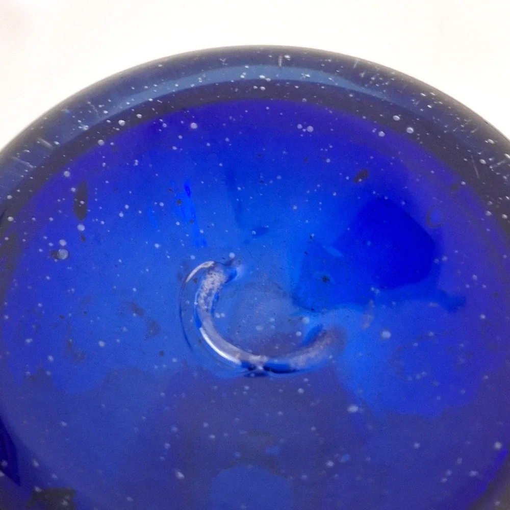 Vtg Cobalt Bue Hand Blown Glass Crocus Forcing Vase Optic Rib Polished Pontil
